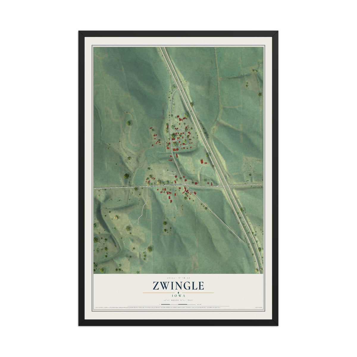 Map of Zwingle, Iowa, 12 x 18 inch print in a black wood frame