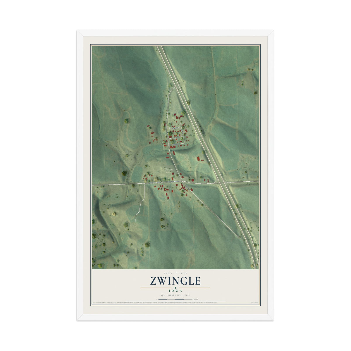 Map of Zwingle, Iowa, 12 x 18 inch print in a white wood frame