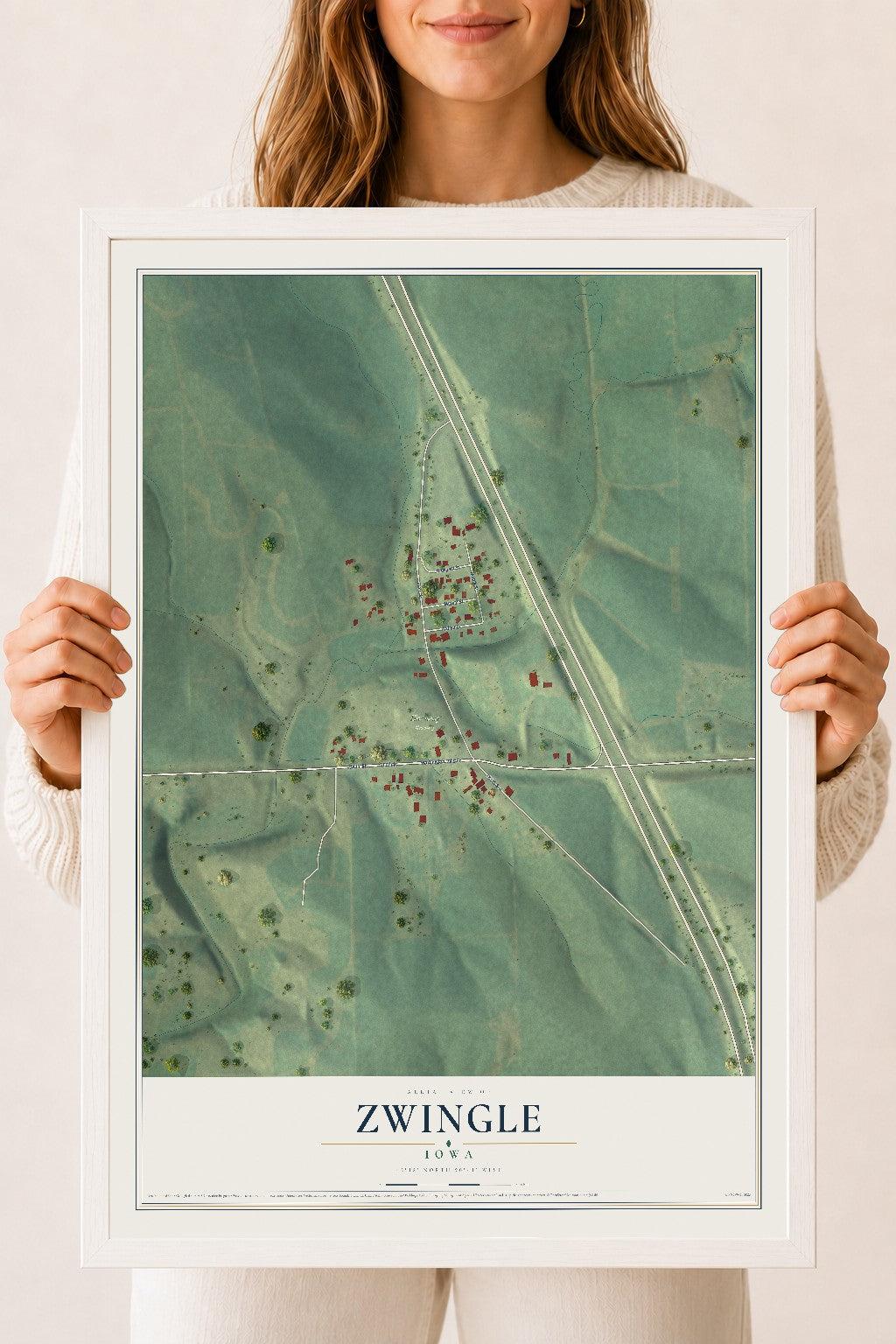 Map of Zwingle, Iowa, 18 x 24 inch print in a white wood frame