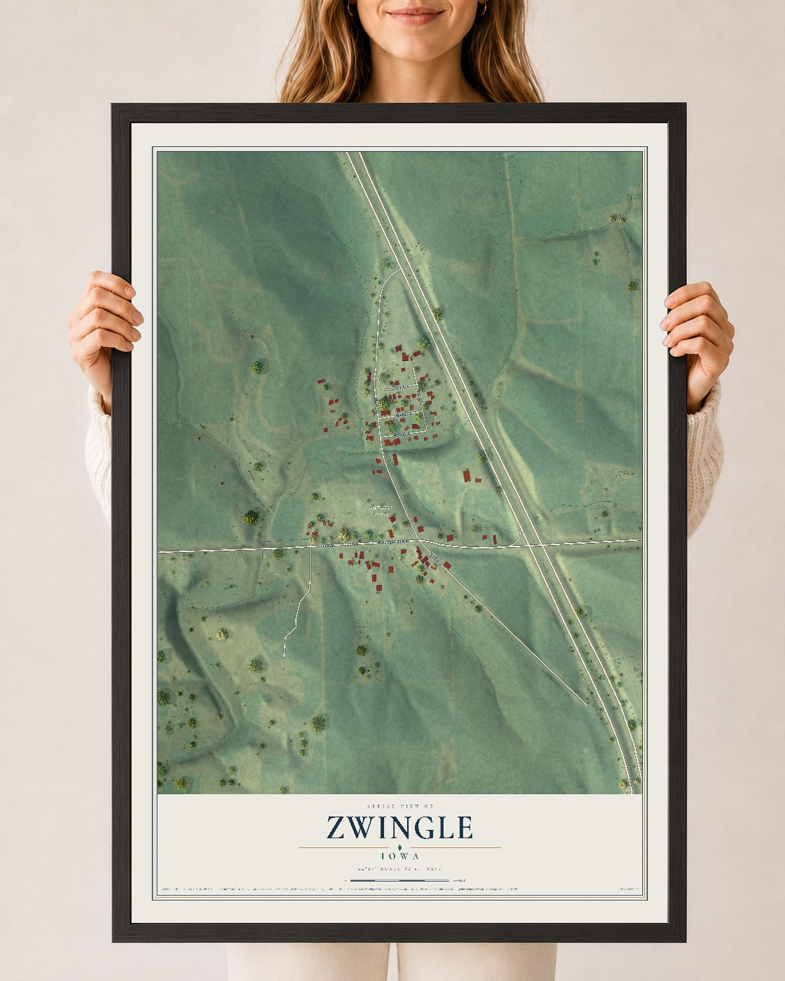 Map of Zwingle, Iowa, 24 x 36 inch print in a black wood frame