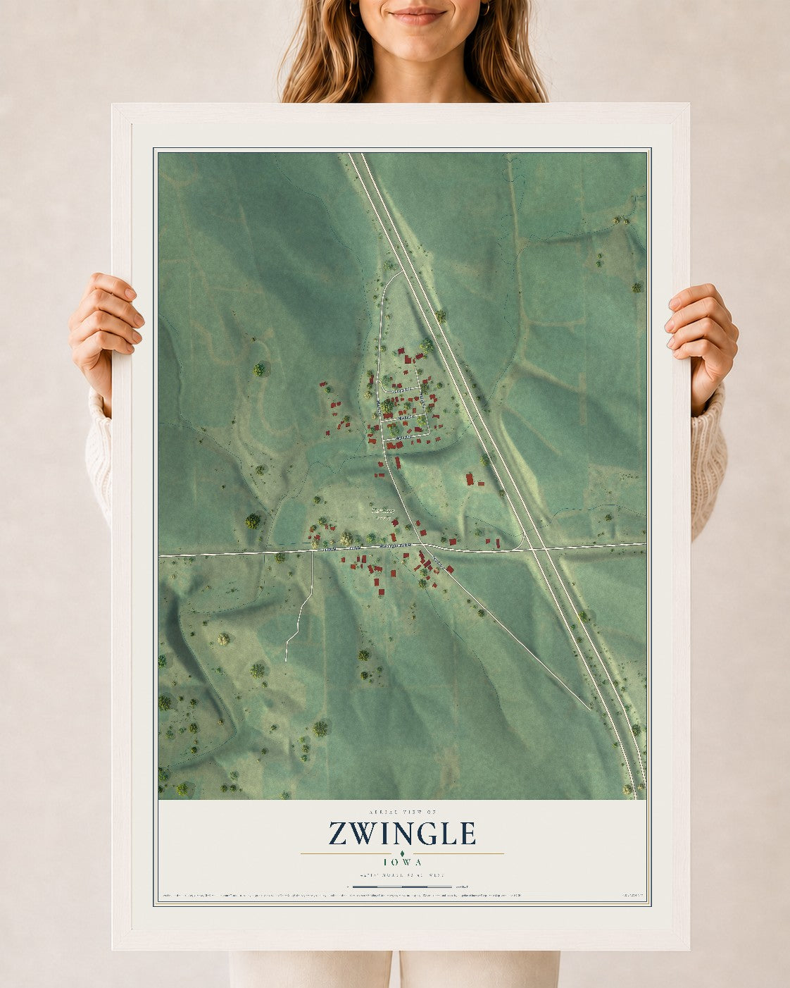 Map of Zwingle, Iowa, 24 x 36 inch print in a white wood frame