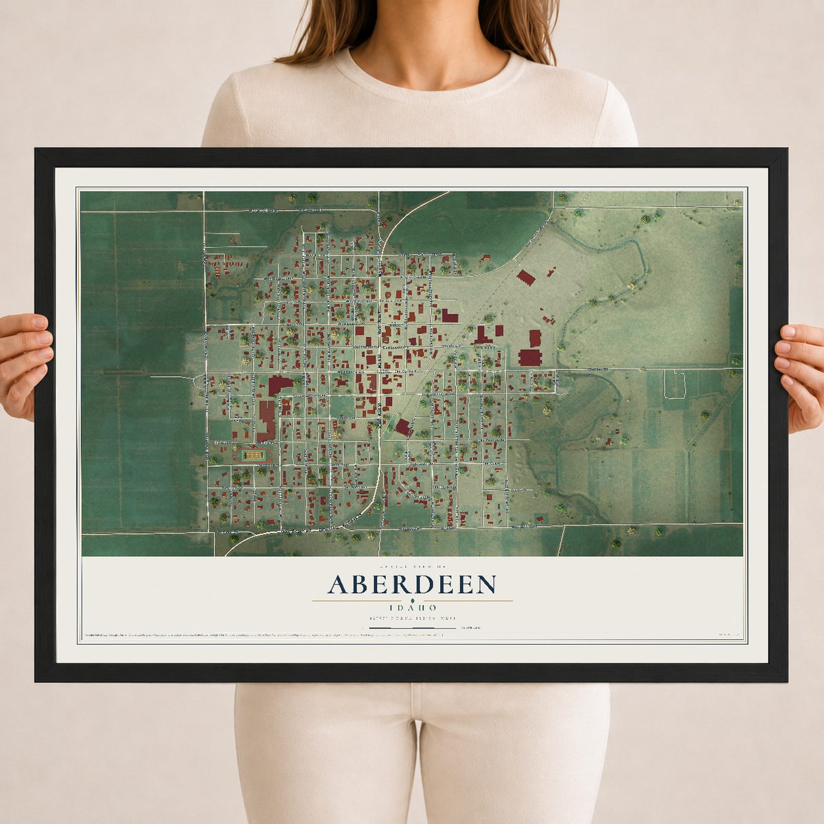 Map of Aberdeen, Idaho, 18 x 24 inch print in a black wood frame