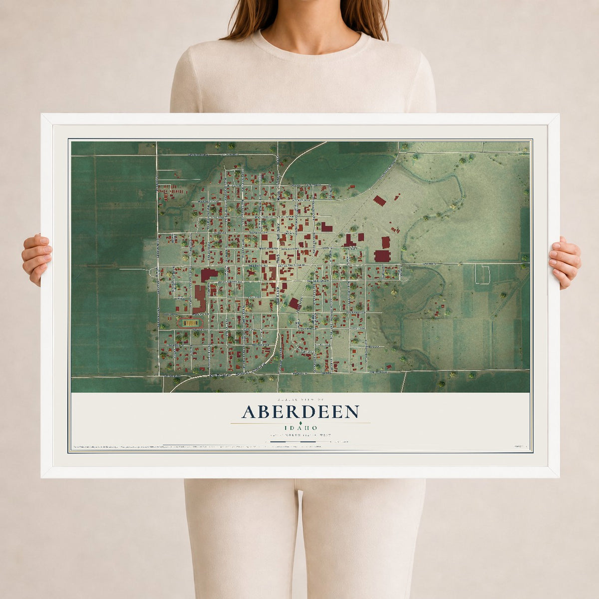 Map of Aberdeen, Idaho, 24 x 36 inch print in a white wood frame