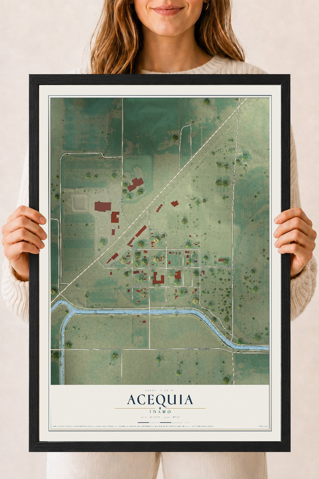 Map of Acequia, Idaho, 18 x 24 inch print in a black wood frame