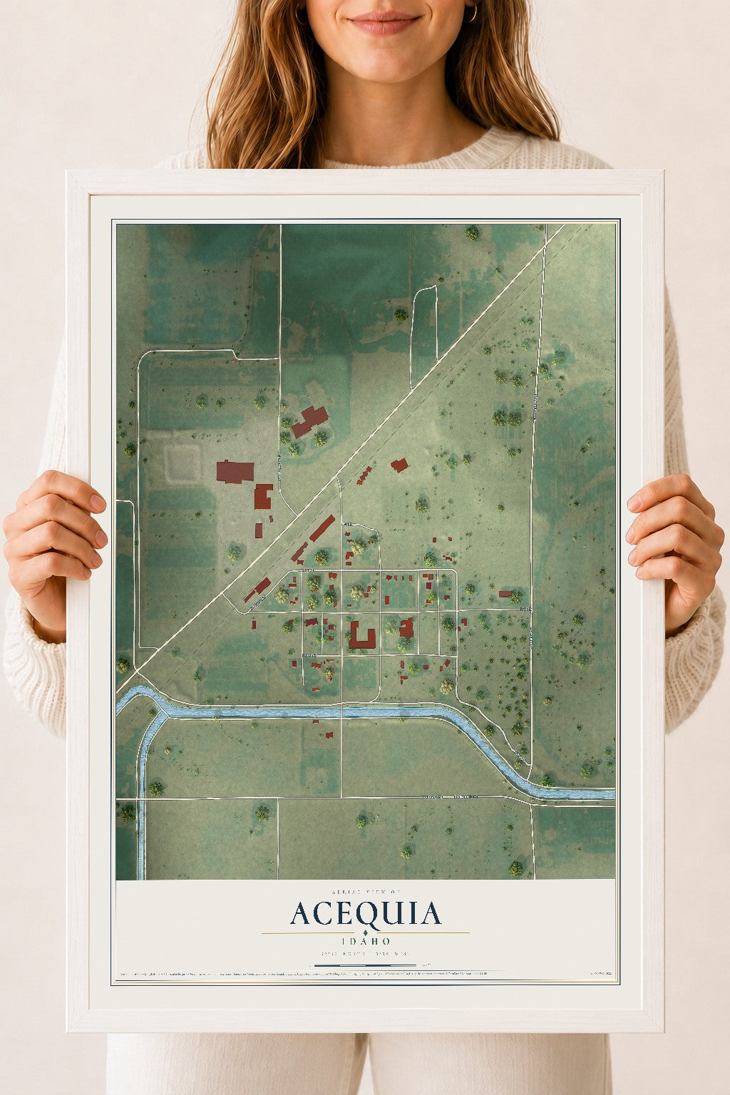 Map of Acequia, Idaho, 18 x 24 inch print in a white wood frame