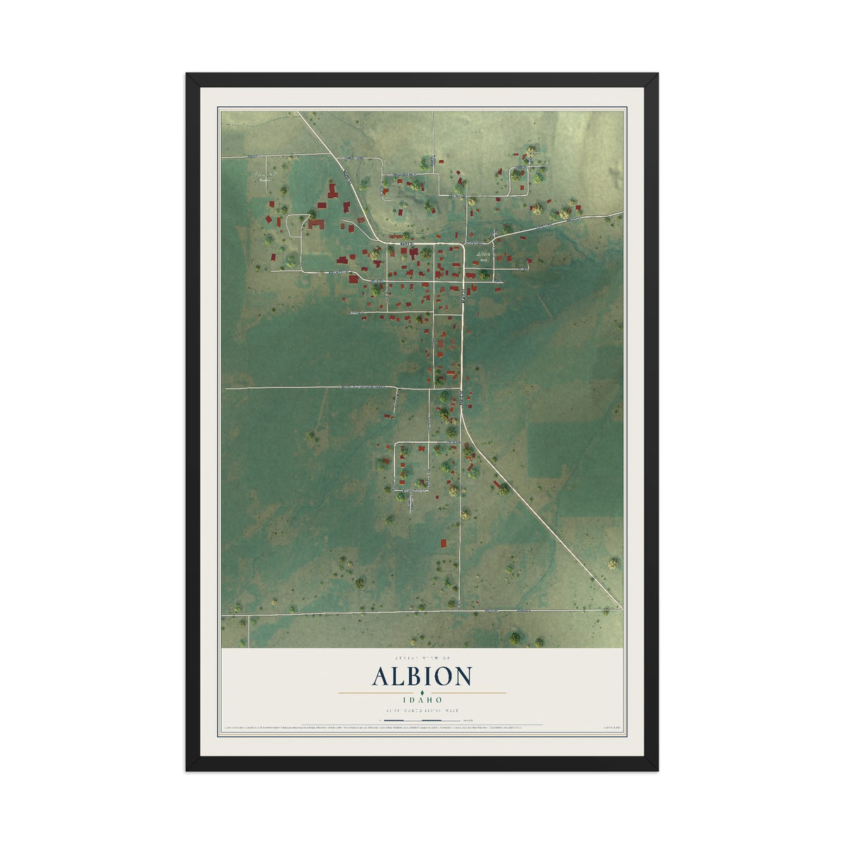Map of Albion, Idaho, 12 x 18 inch print in a black wood frame