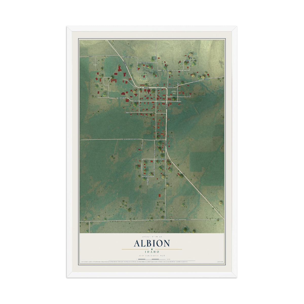 Map of Albion, Idaho, 12 x 18 inch print in a white wood frame
