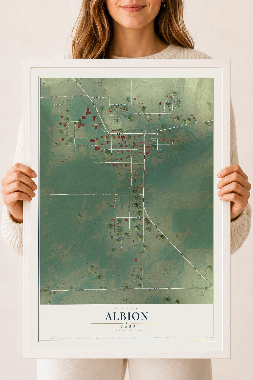 Map of Albion, Idaho, 18 x 24 inch print in a white wood frame