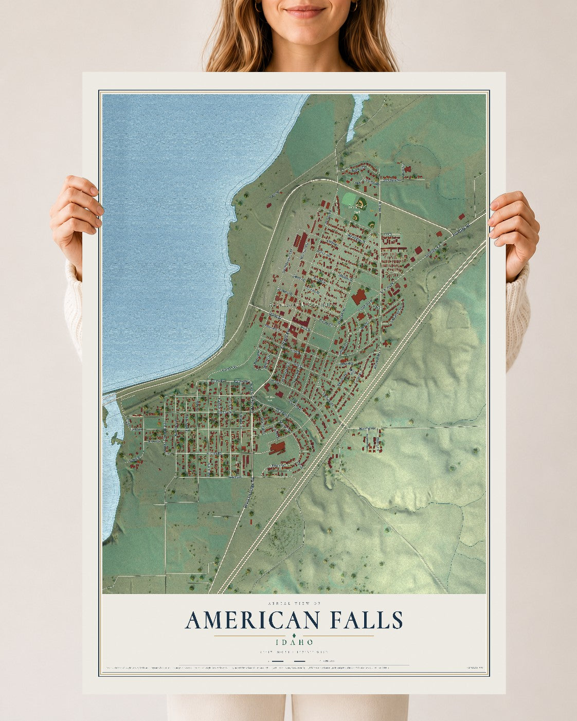 Map of American Falls, Idaho, 24 x 36 inch unframed archival matte print
