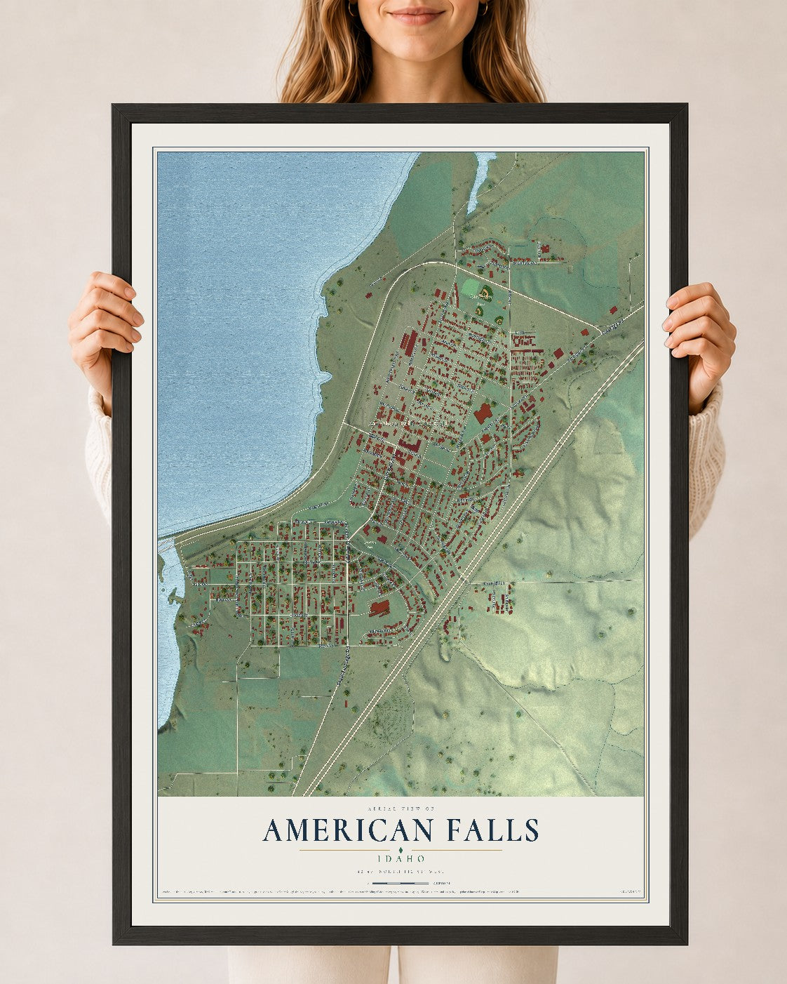Map of American Falls, Idaho, 24 x 36 inch print in a black wood frame