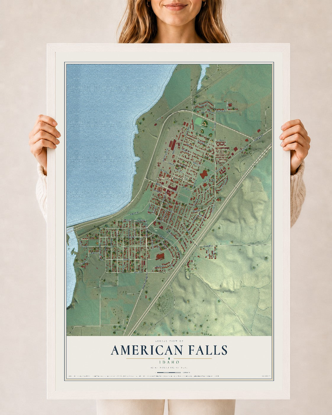 Map of American Falls, Idaho, 24 x 36 inch print in a white wood frame