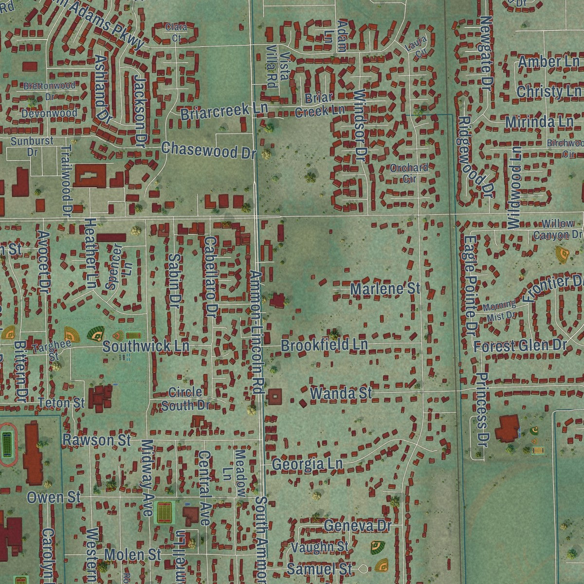 Close-up of the map of Ammon, Idaho print showing street and building detail