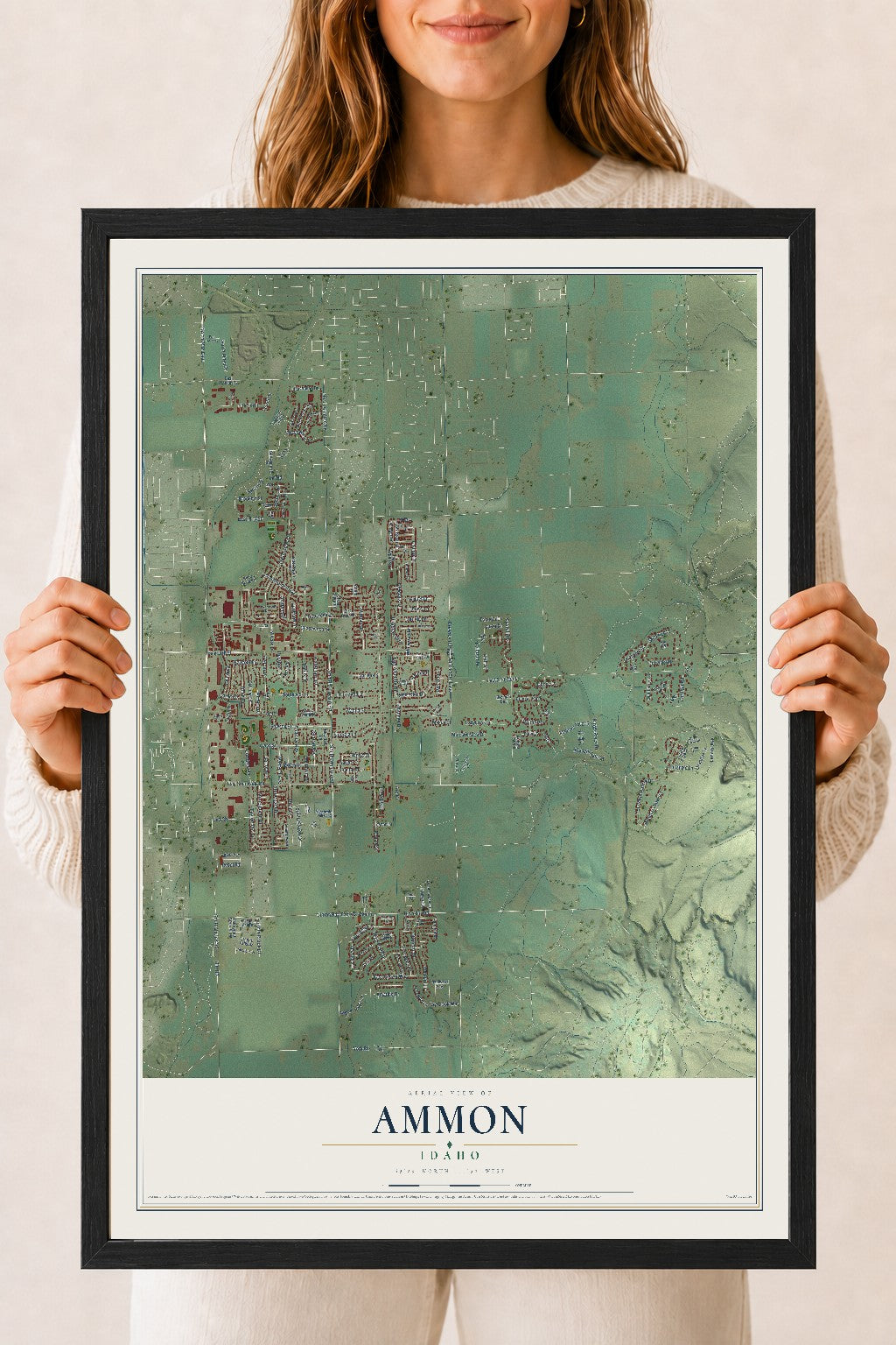 Map of Ammon, Idaho, 18 x 24 inch print in a black wood frame
