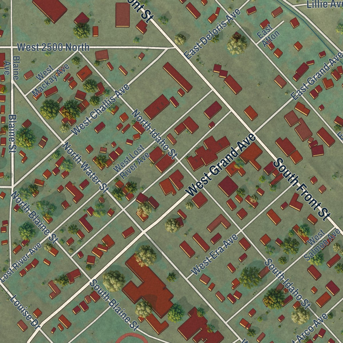 Close-up of the map of Arco, Idaho print showing street and building detail