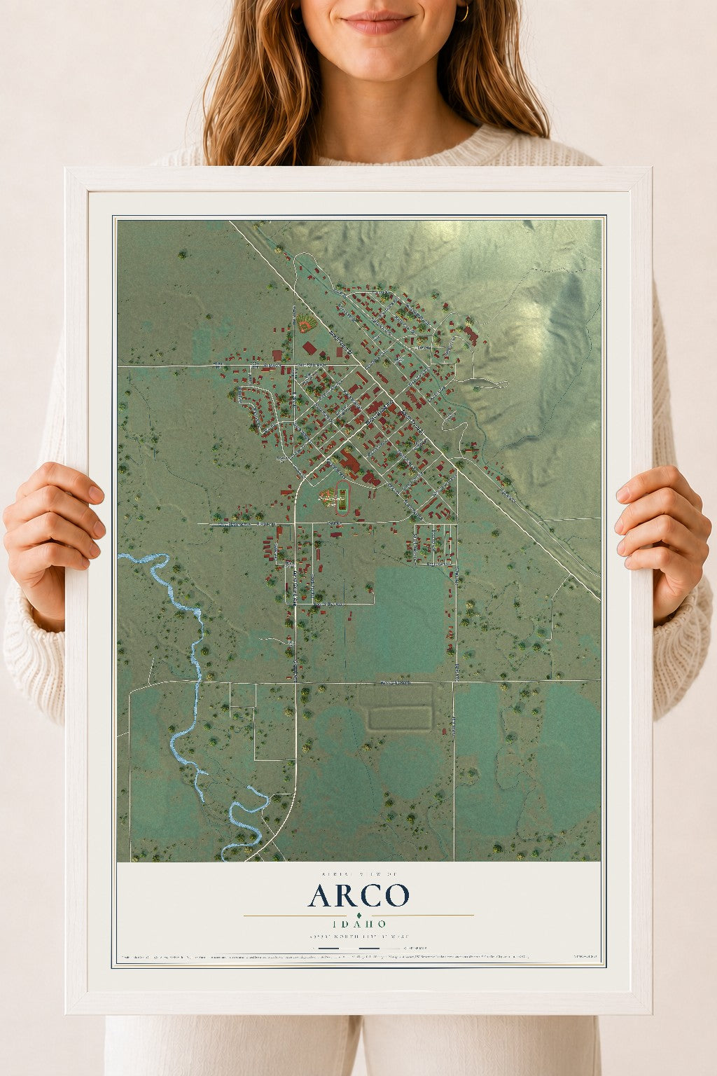 Map of Arco, Idaho, 18 x 24 inch print in a white wood frame
