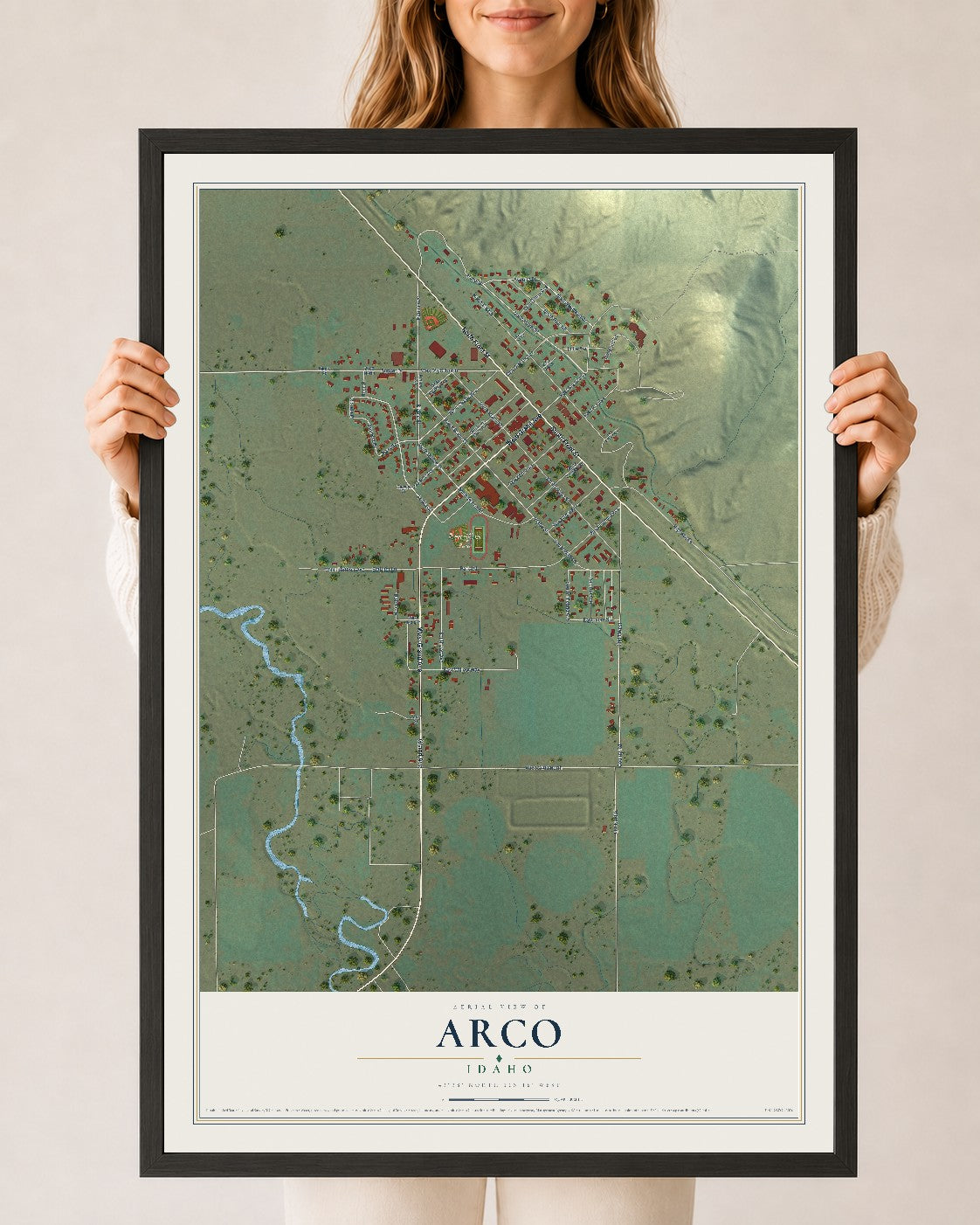 Map of Arco, Idaho, 24 x 36 inch print in a black wood frame