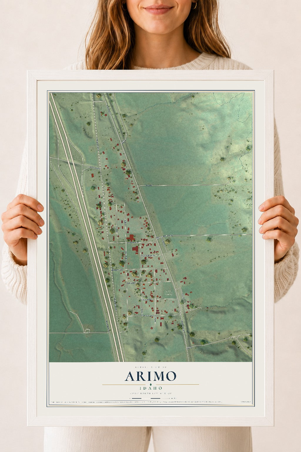 Map of Arimo, Idaho, 18 x 24 inch print in a white wood frame