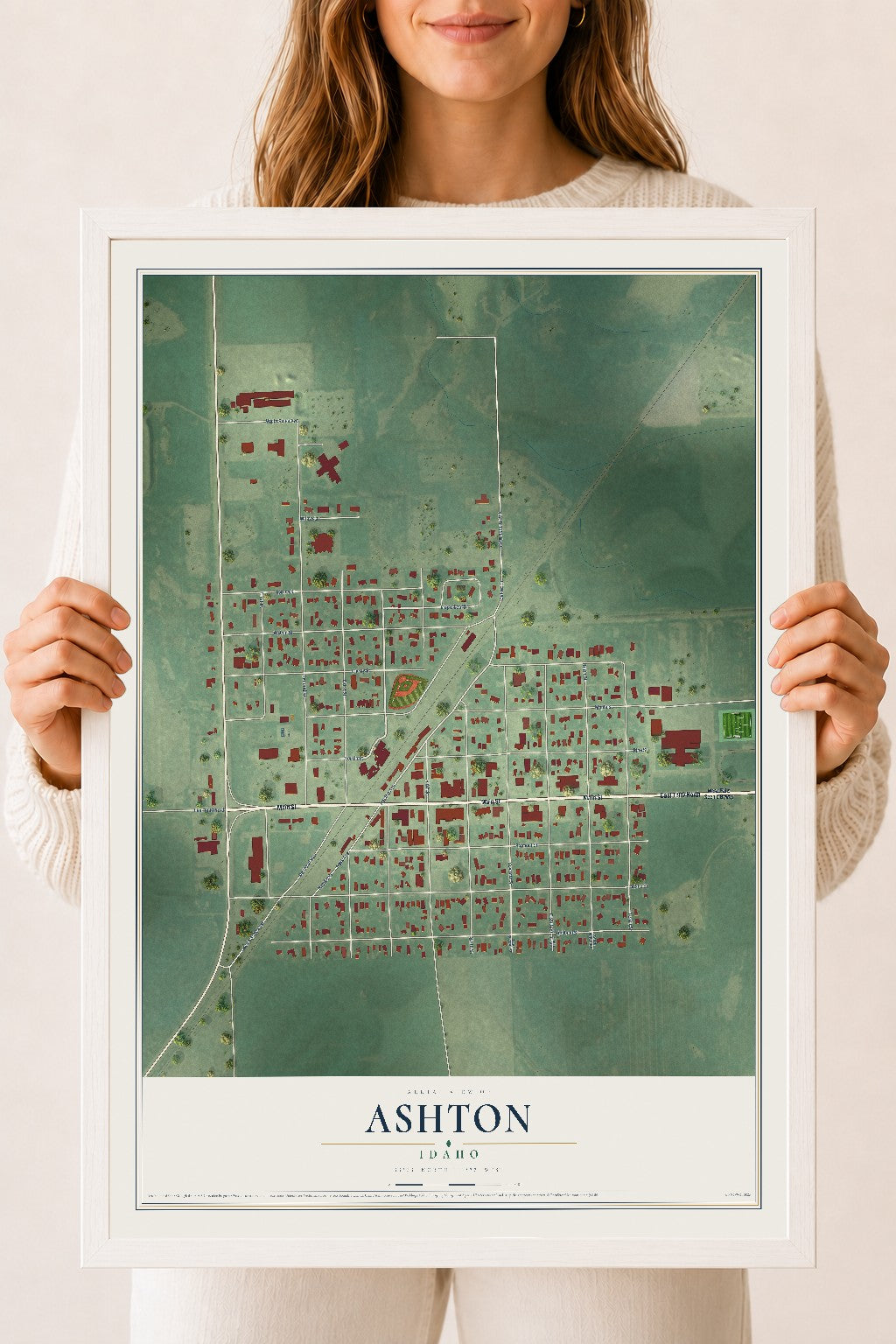 Map of Ashton, Idaho, 18 x 24 inch print in a white wood frame