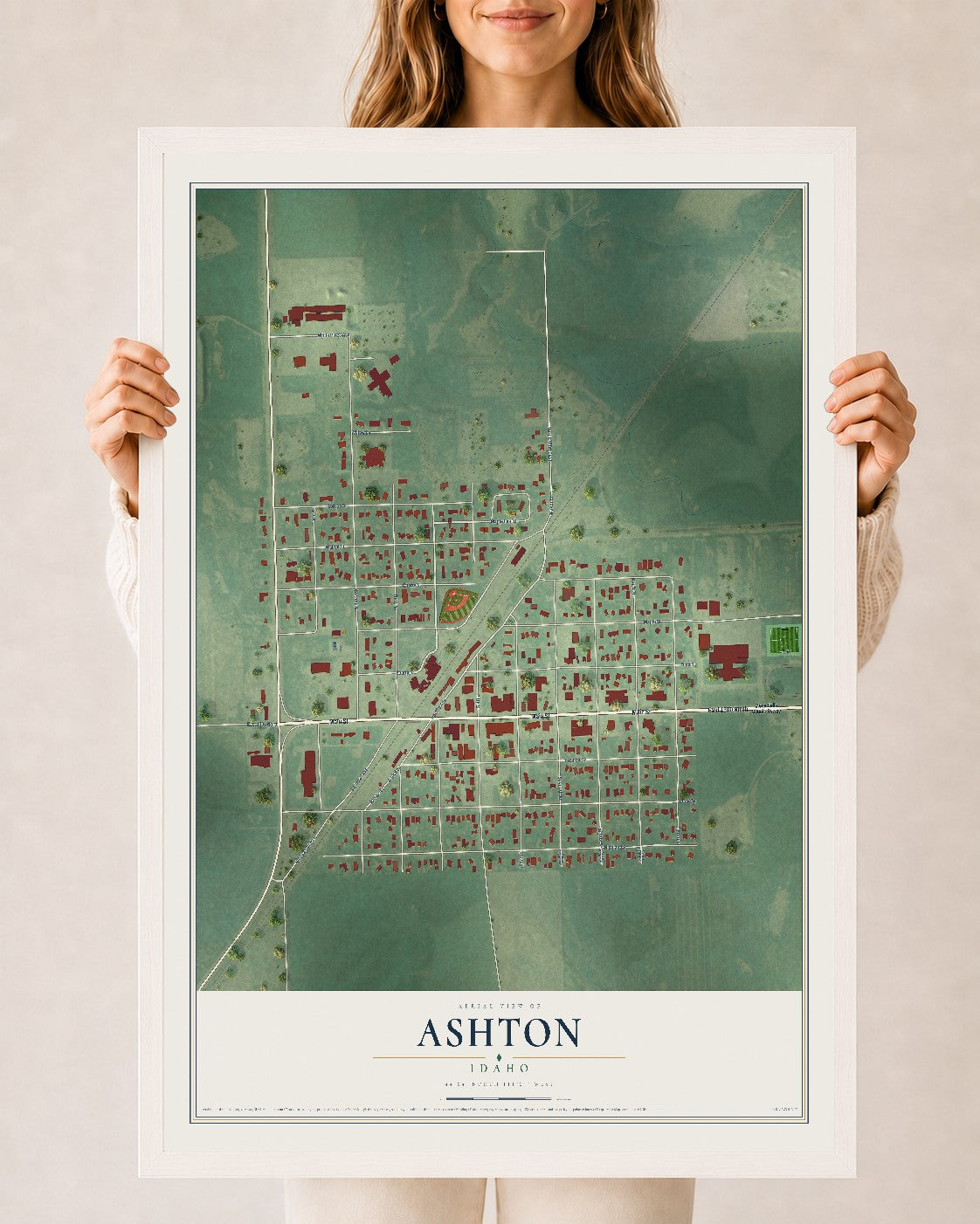 Map of Ashton, Idaho, 24 x 36 inch print in a white wood frame