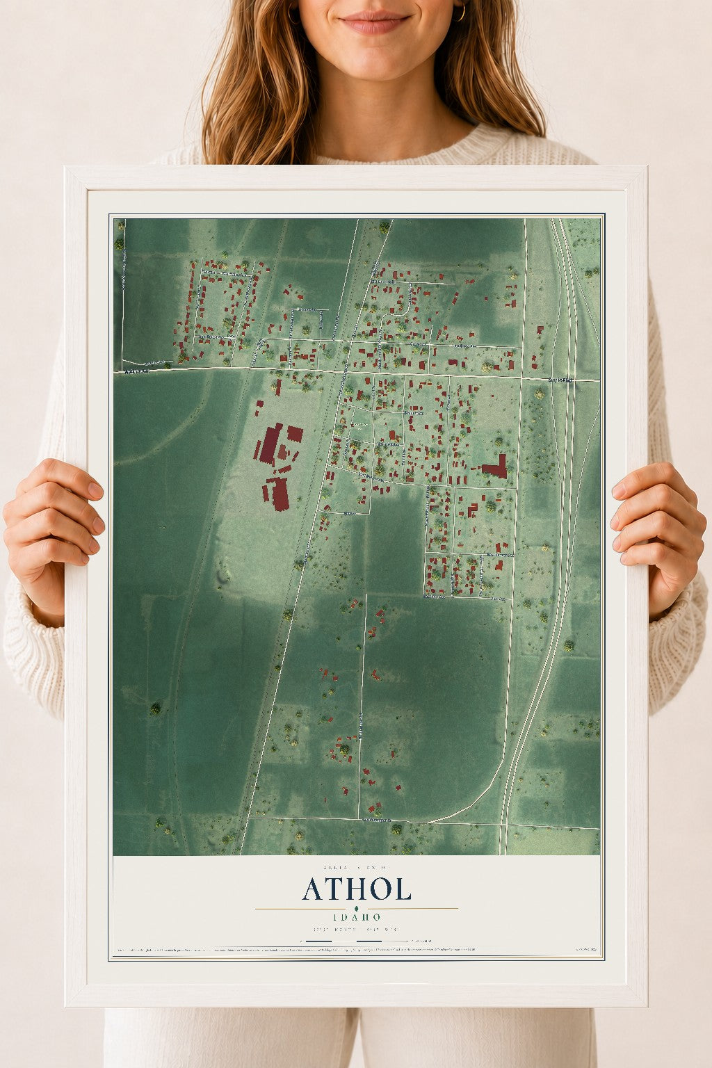 Map of Athol, Idaho, 18 x 24 inch print in a white wood frame