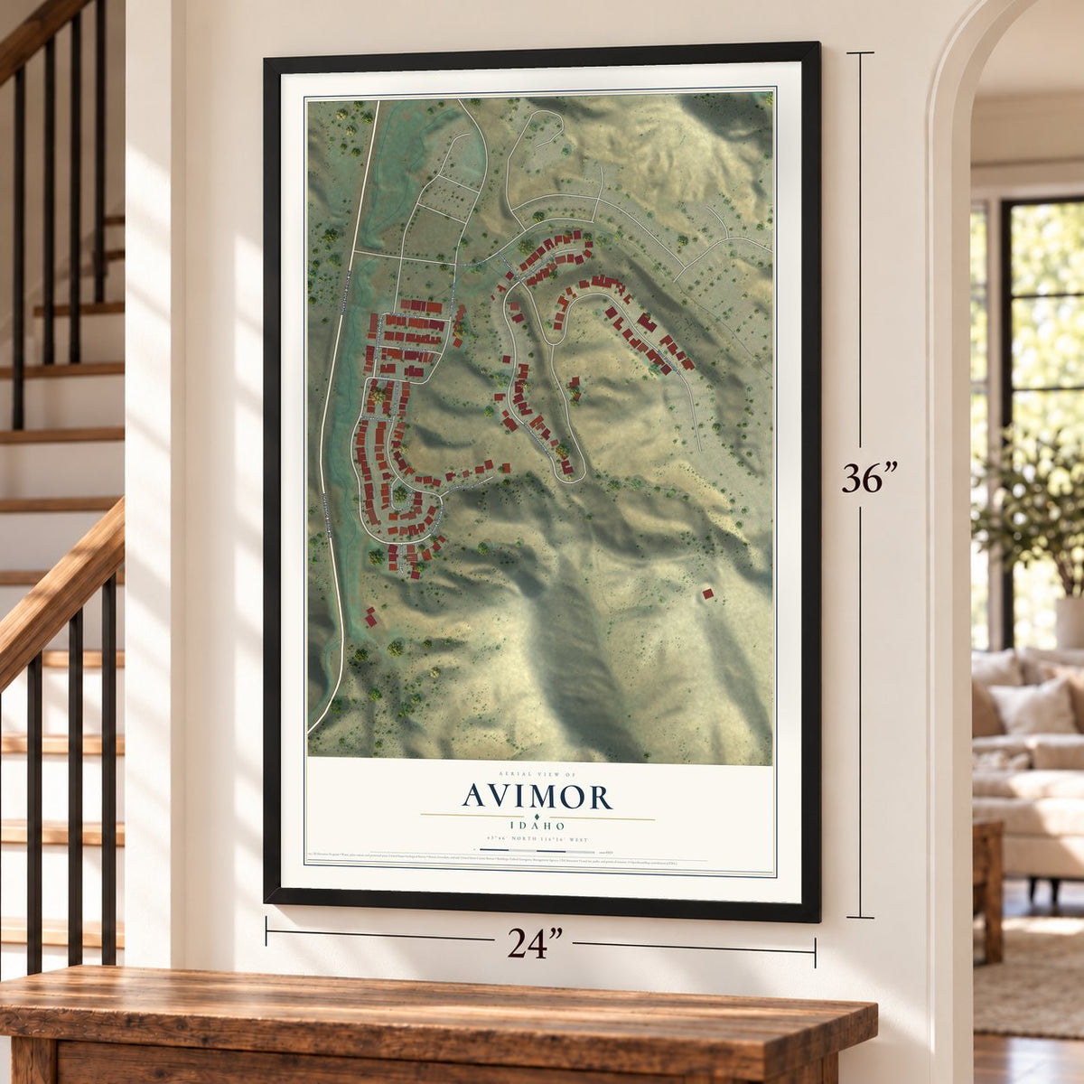 Avimor, Idaho map, 24 x 36 inch print in a black frame by a staircase