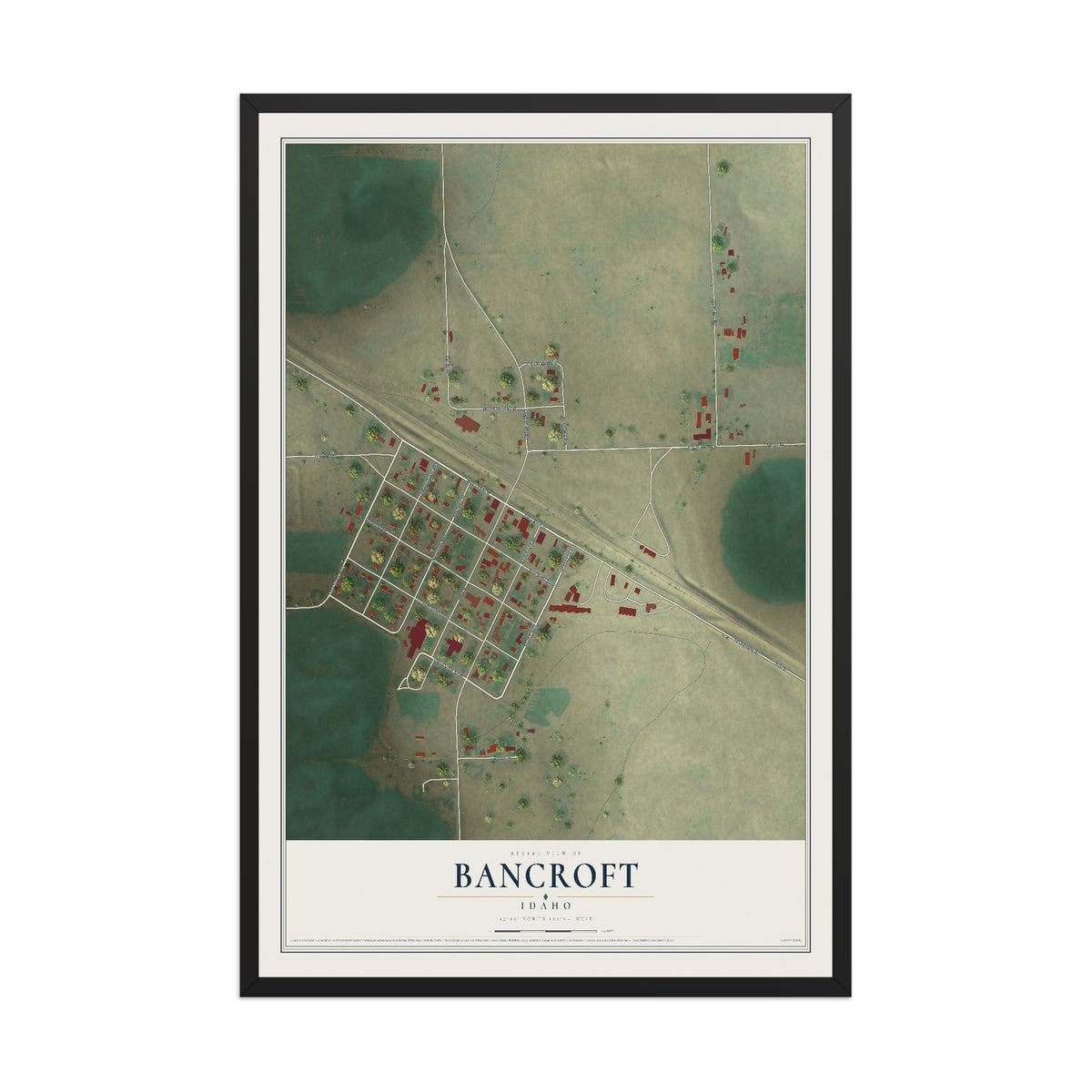 Map of Bancroft, Idaho, 12 x 18 inch print in a black wood frame