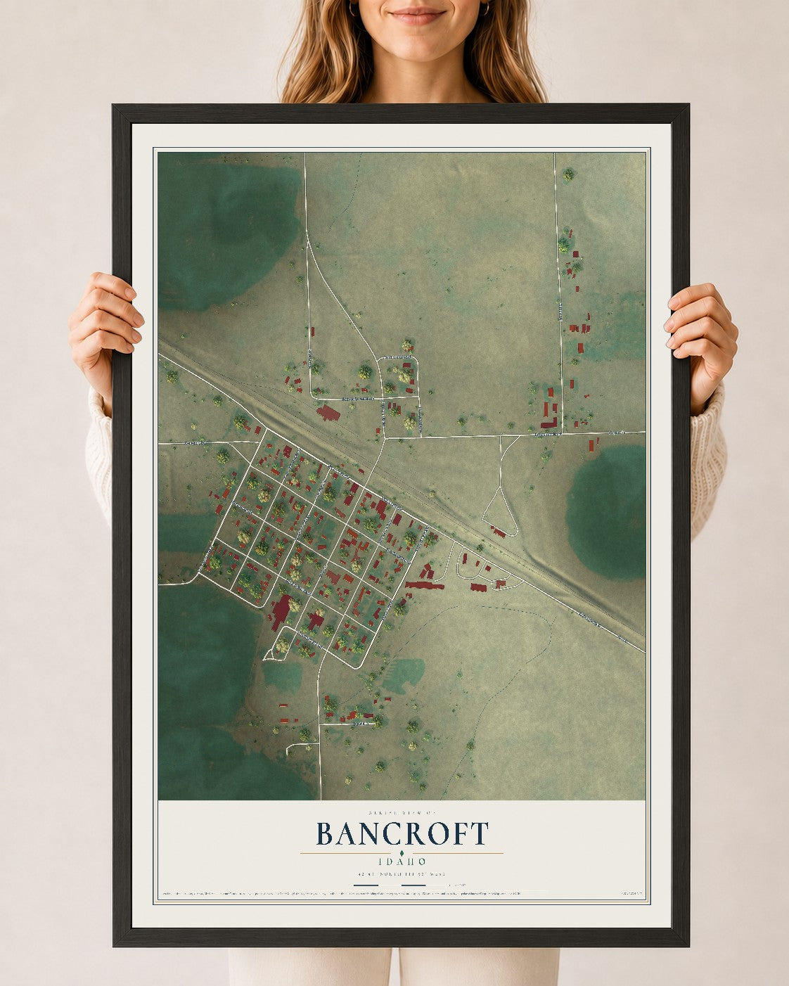 Map of Bancroft, Idaho, 24 x 36 inch print in a black wood frame