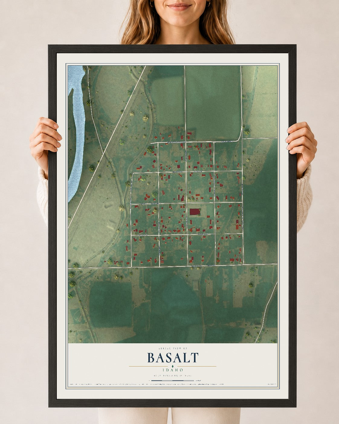 Map of Basalt, Idaho, 24 x 36 inch print in a black wood frame