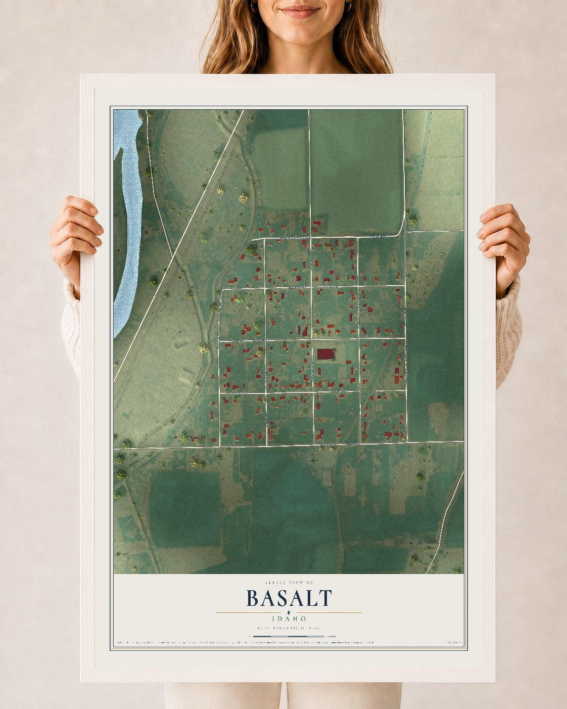 Map of Basalt, Idaho, 24 x 36 inch print in a white wood frame