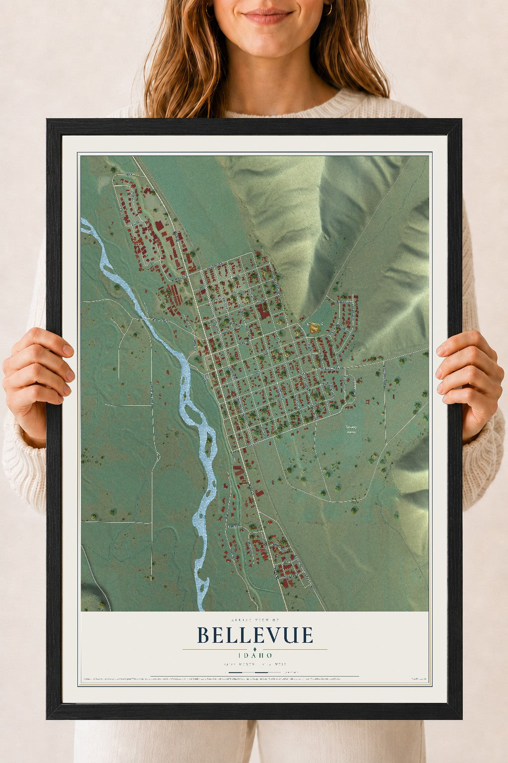 Map of Bellevue, Idaho, 18 x 24 inch print in a black wood frame