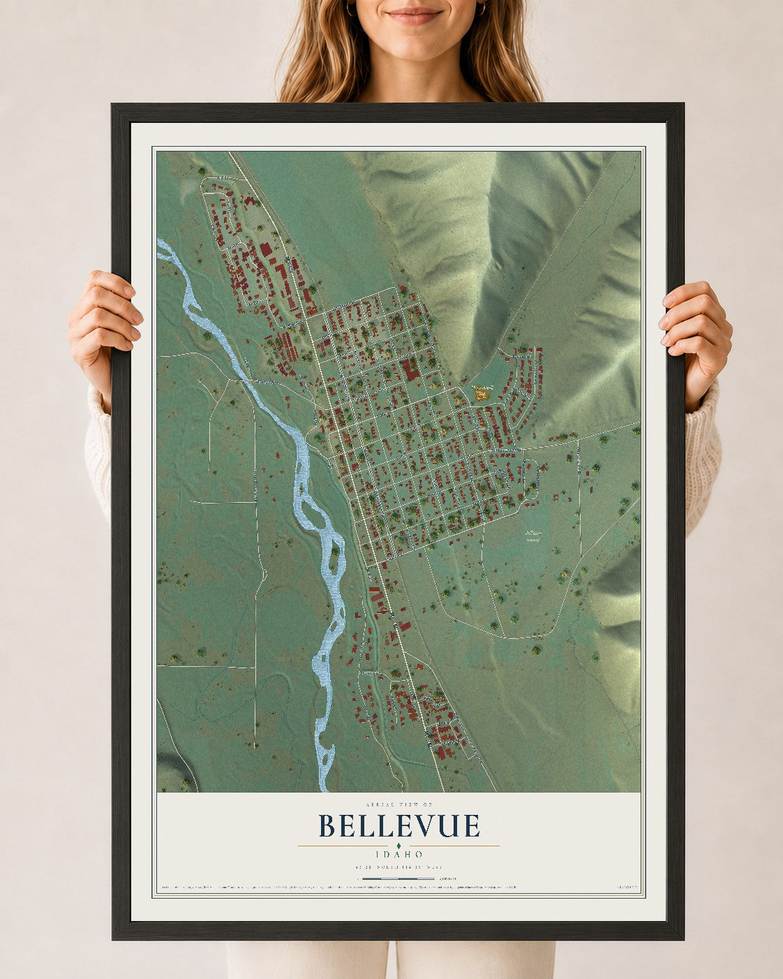 Map of Bellevue, Idaho, 24 x 36 inch print in a black wood frame