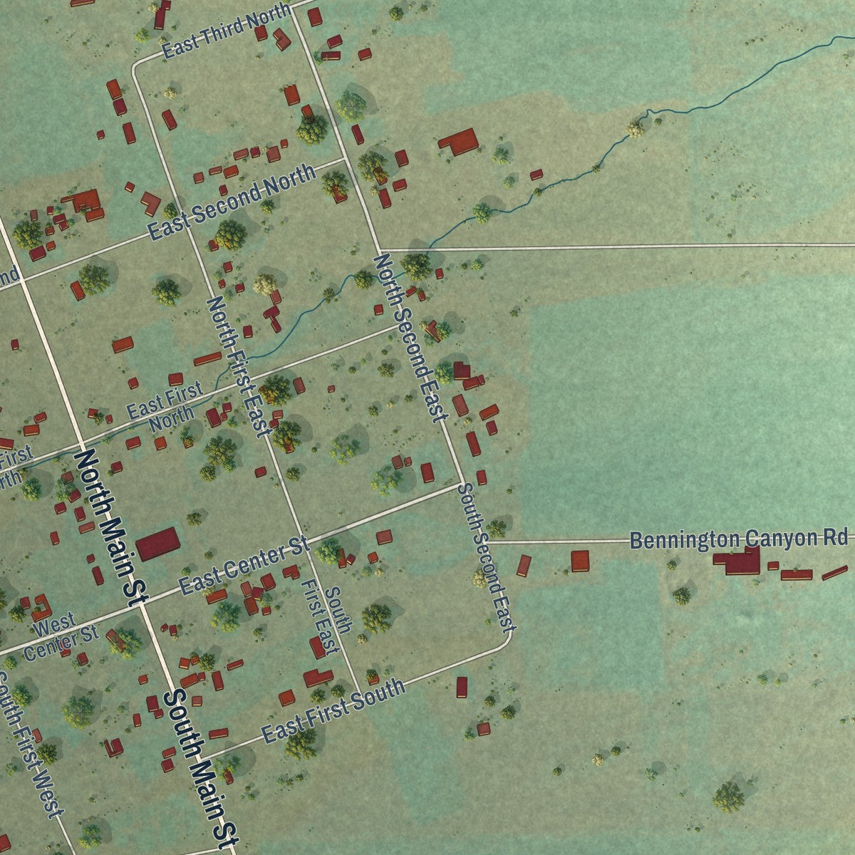 Close-up of the map of Bennington, Idaho print showing street and building detail