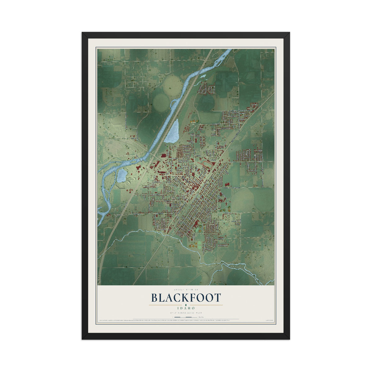 Map of Blackfoot, Idaho, 12 x 18 inch print in a black wood frame