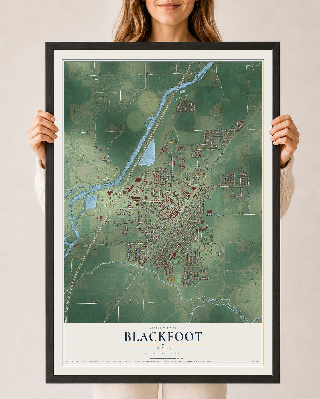 Map of Blackfoot, Idaho, 24 x 36 inch print in a black wood frame