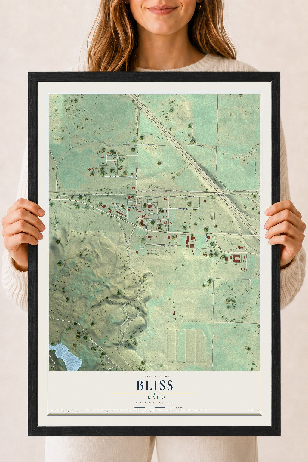 Map of Bliss, Idaho, 18 x 24 inch print in a black wood frame