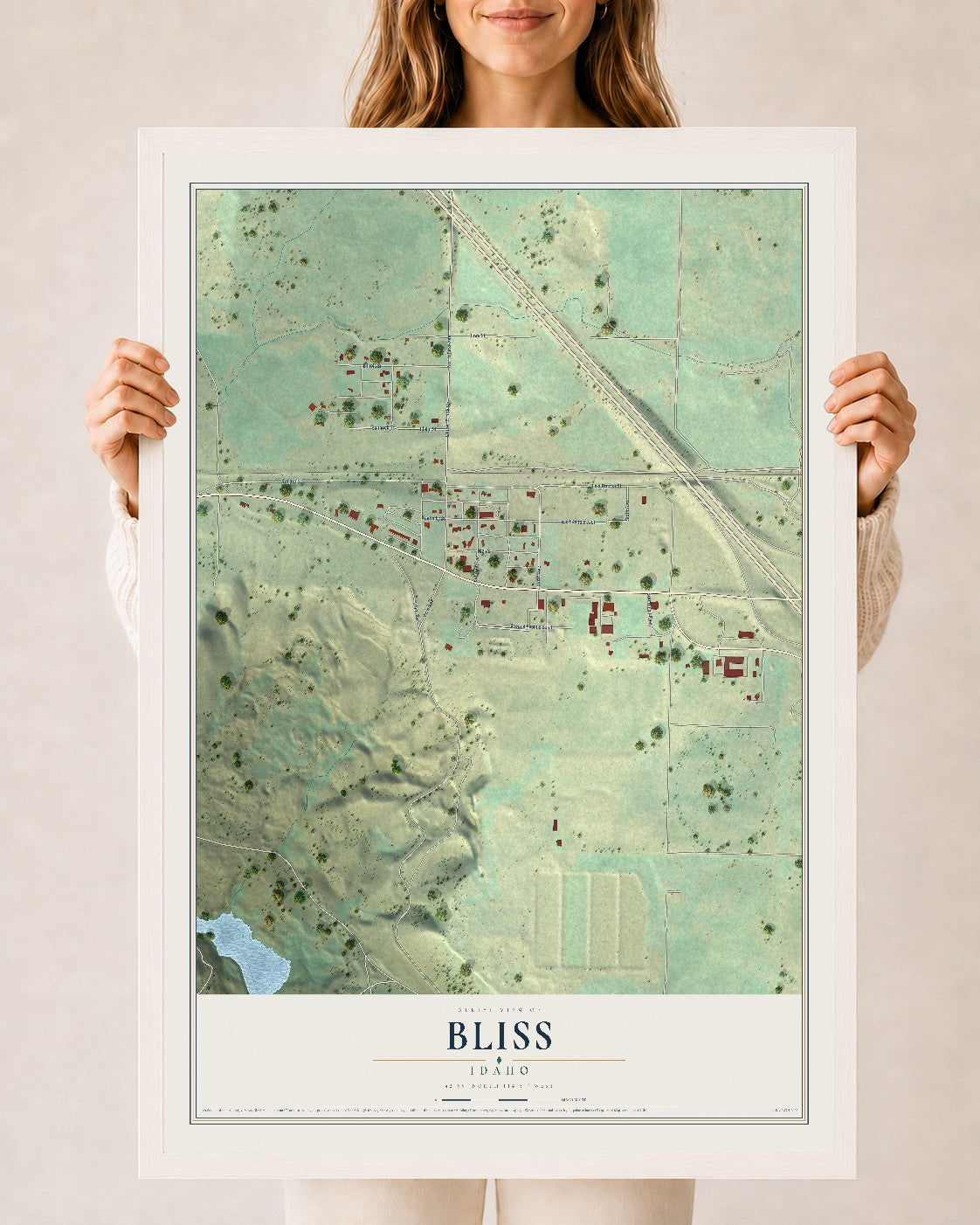 Map of Bliss, Idaho, 24 x 36 inch print in a white wood frame