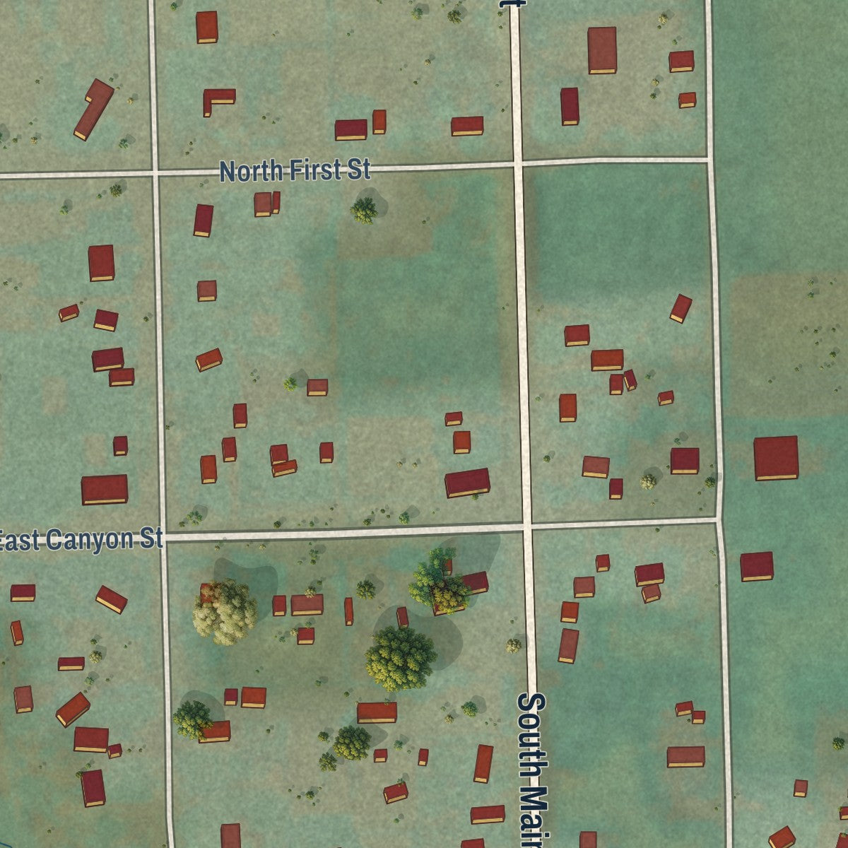 Close-up of the map of Bloomington, Idaho print showing street and building detail