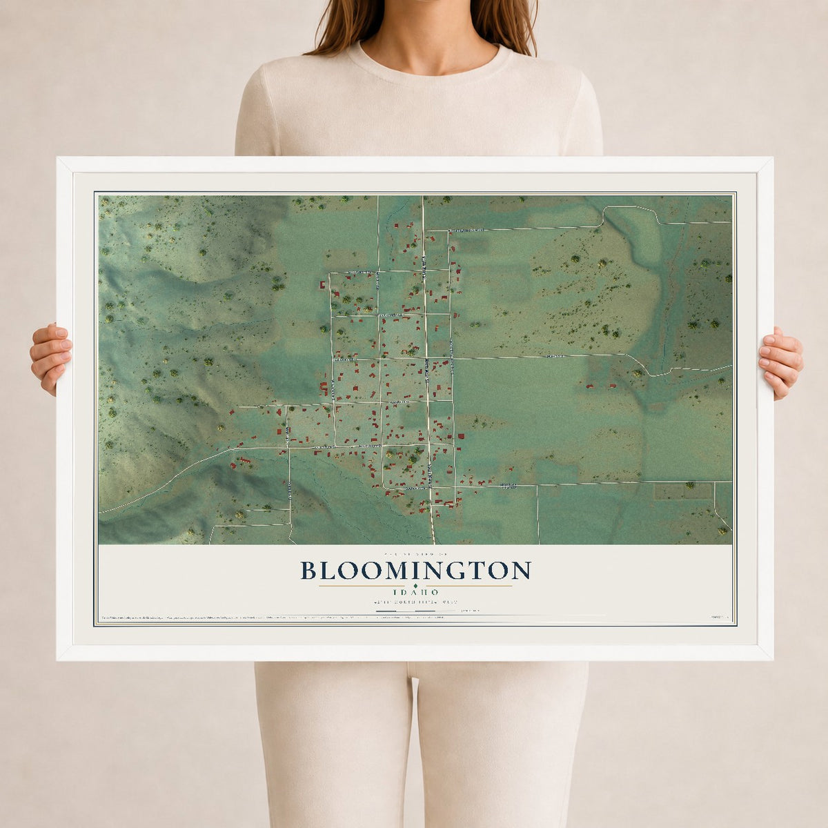 Map of Bloomington, Idaho, 24 x 36 inch print in a white wood frame