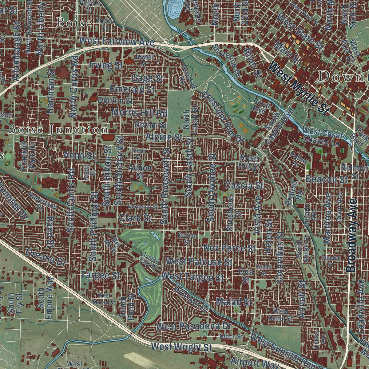 Close-up of the map of Boise City, Idaho print showing street and building detail