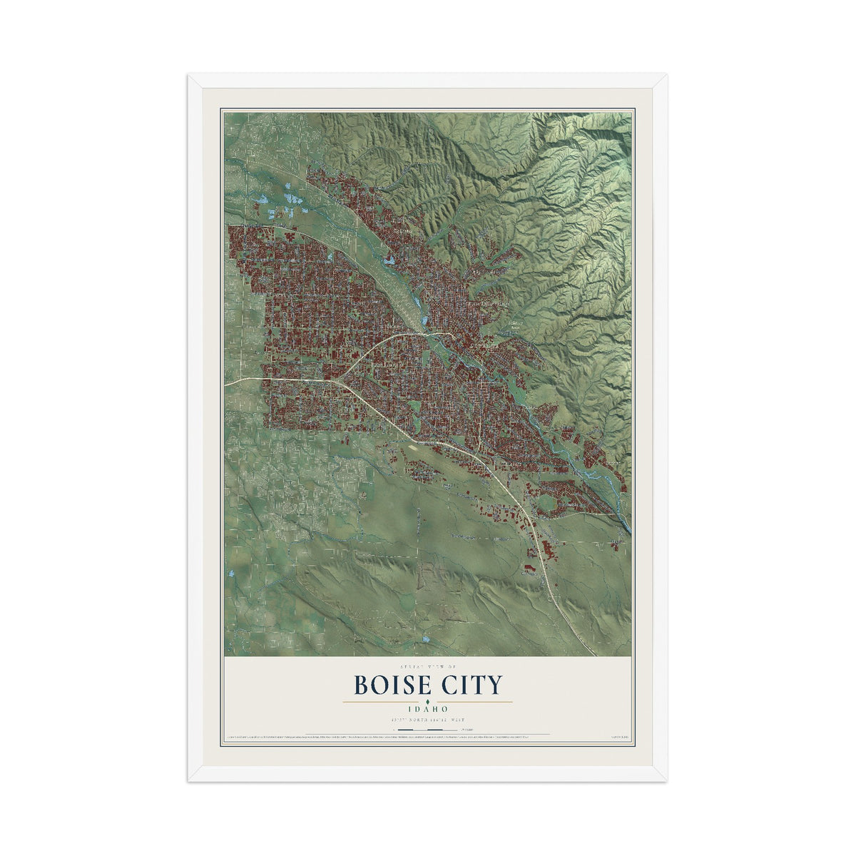 Map of Boise City, Idaho, 12 x 18 inch print in a white wood frame