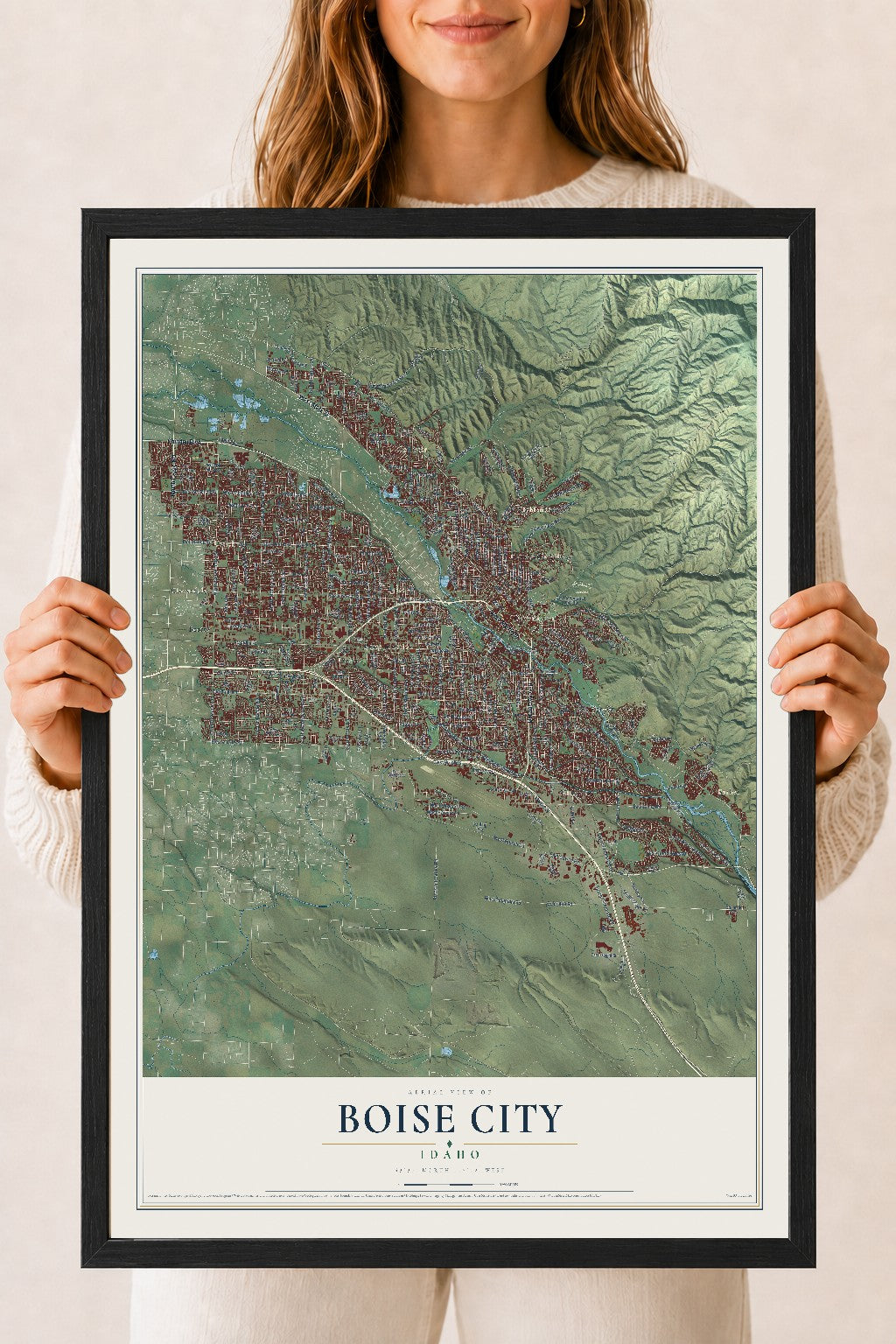 Map of Boise City, Idaho, 18 x 24 inch print in a black wood frame