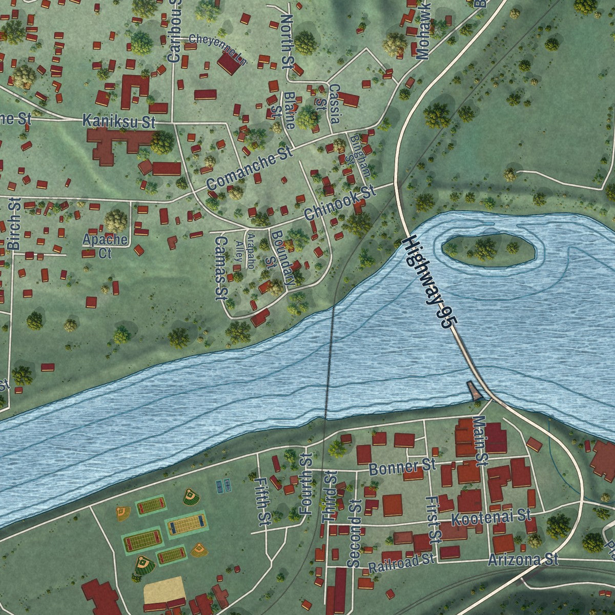 Close-up of the map of Bonners Ferry, Idaho print showing street and building detail