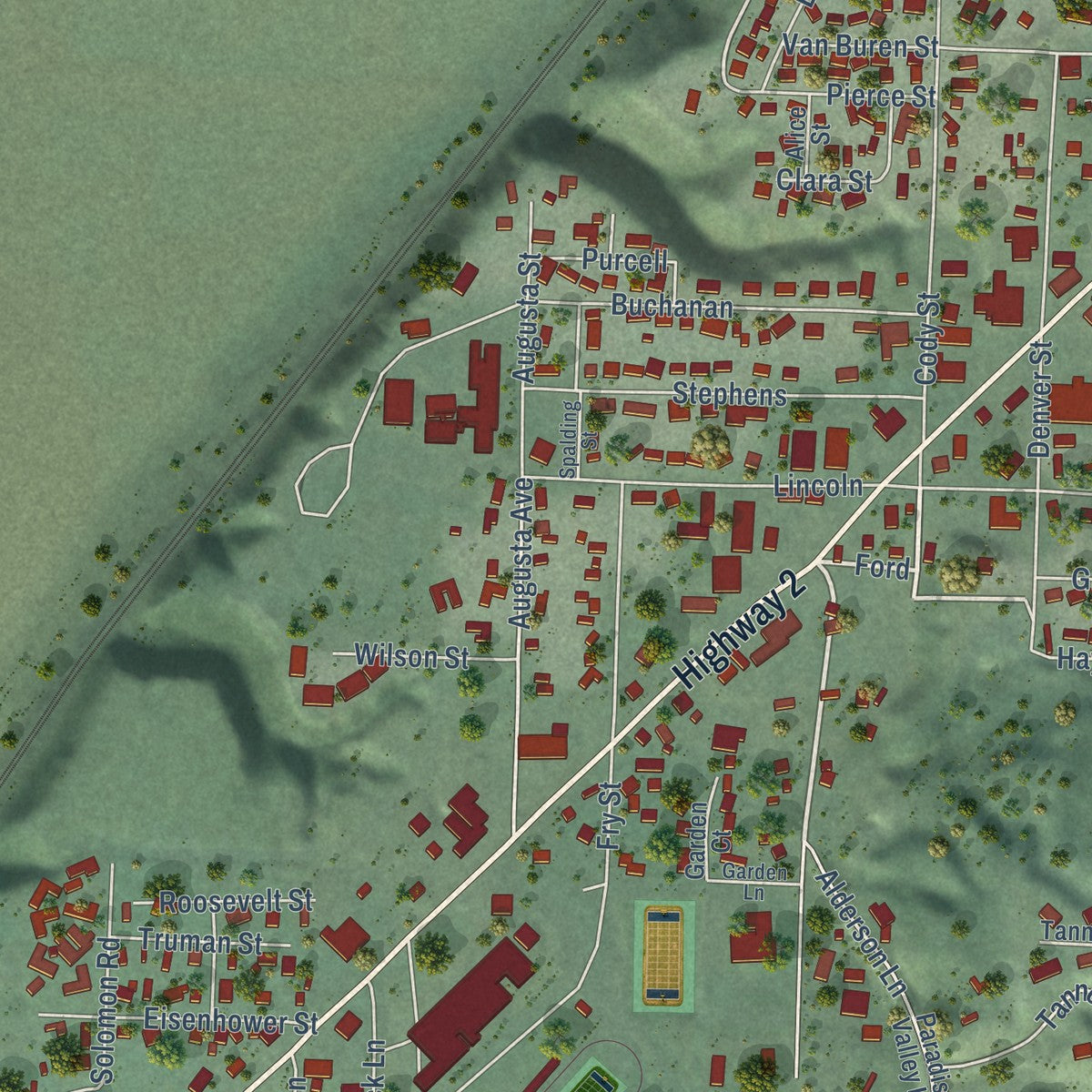 Second close-up of the map of Bonners Ferry, Idaho print showing more streets and buildings