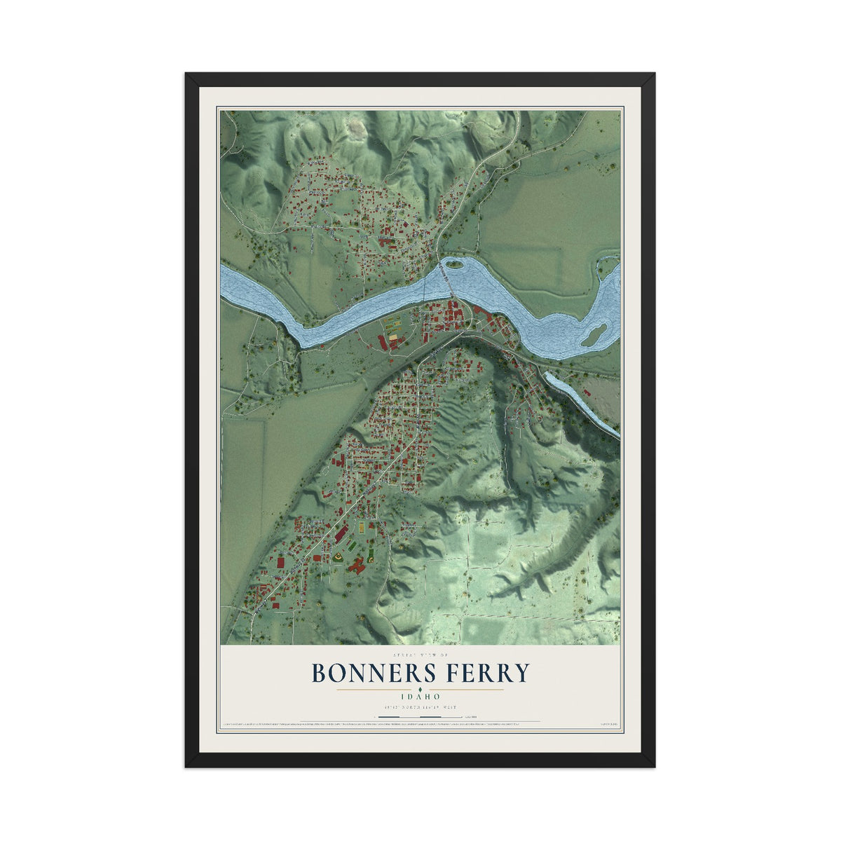 Map of Bonners Ferry, Idaho, 12 x 18 inch print in a black wood frame
