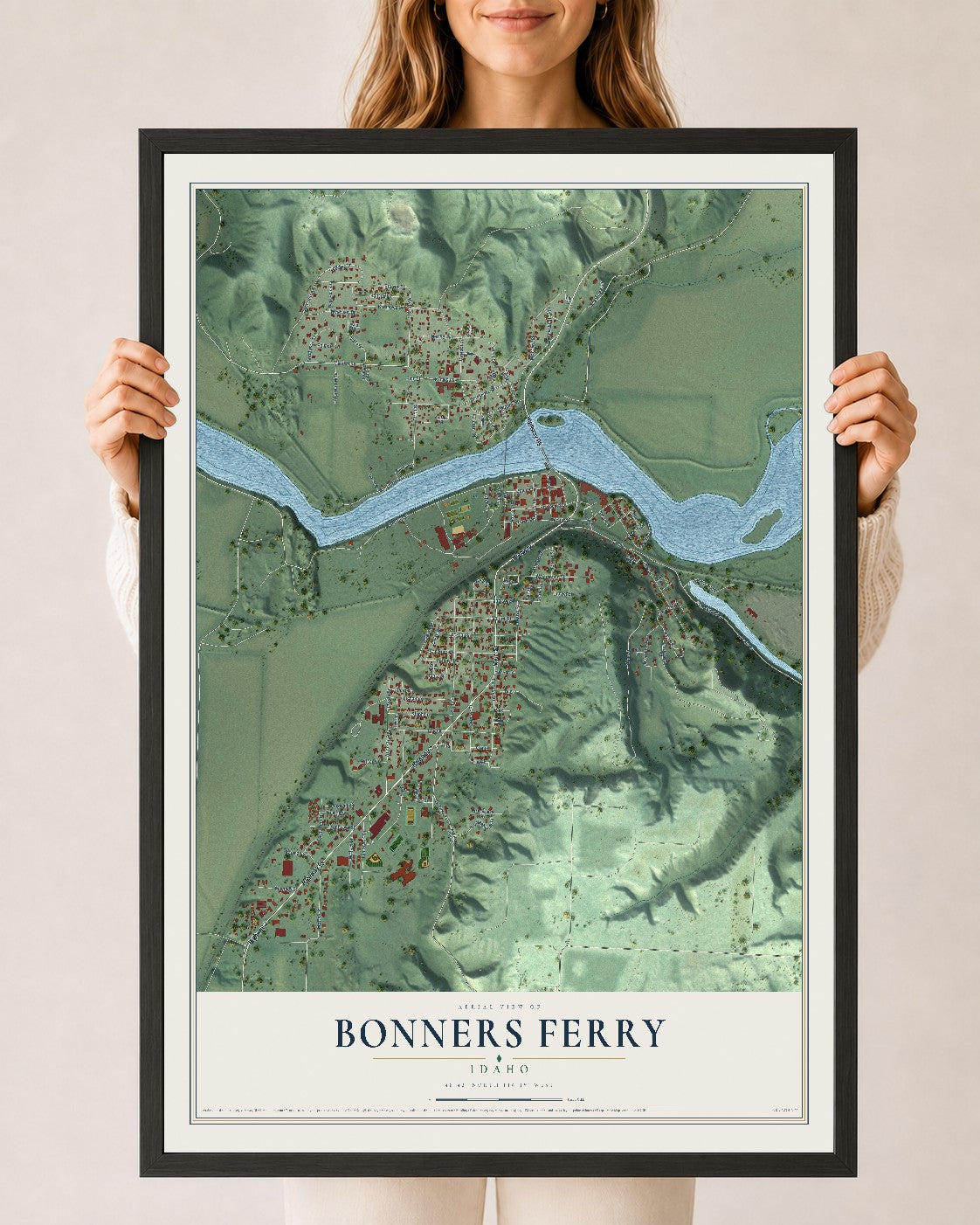 Map of Bonners Ferry, Idaho, 24 x 36 inch print in a black wood frame