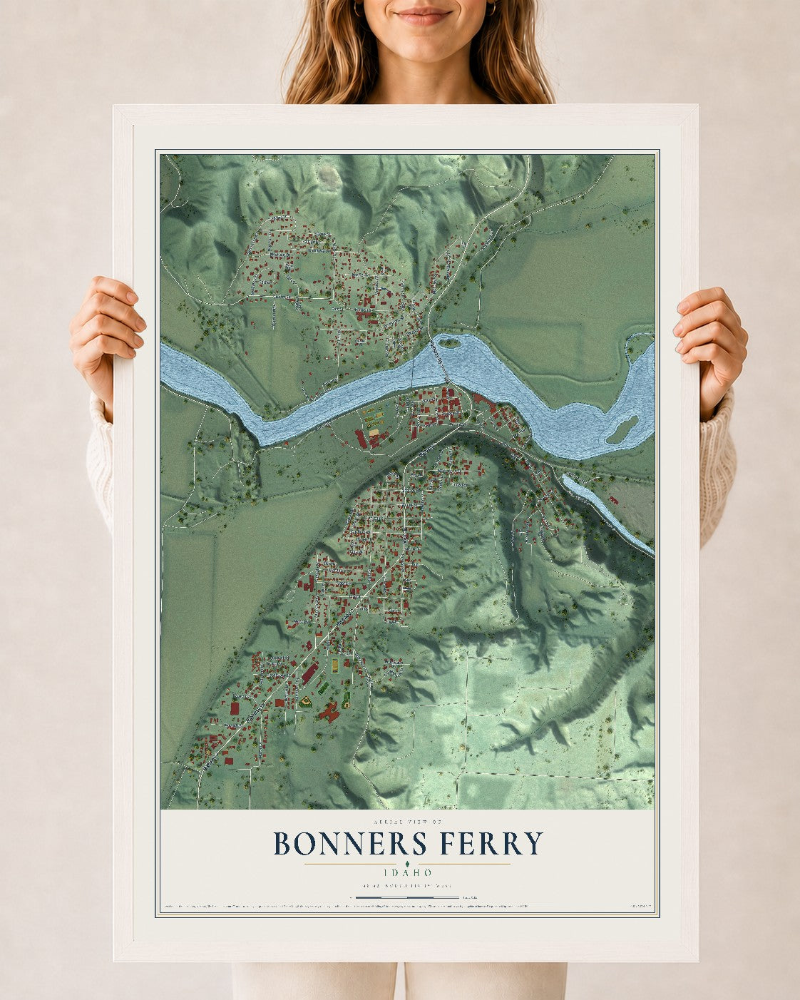 Map of Bonners Ferry, Idaho, 24 x 36 inch print in a white wood frame
