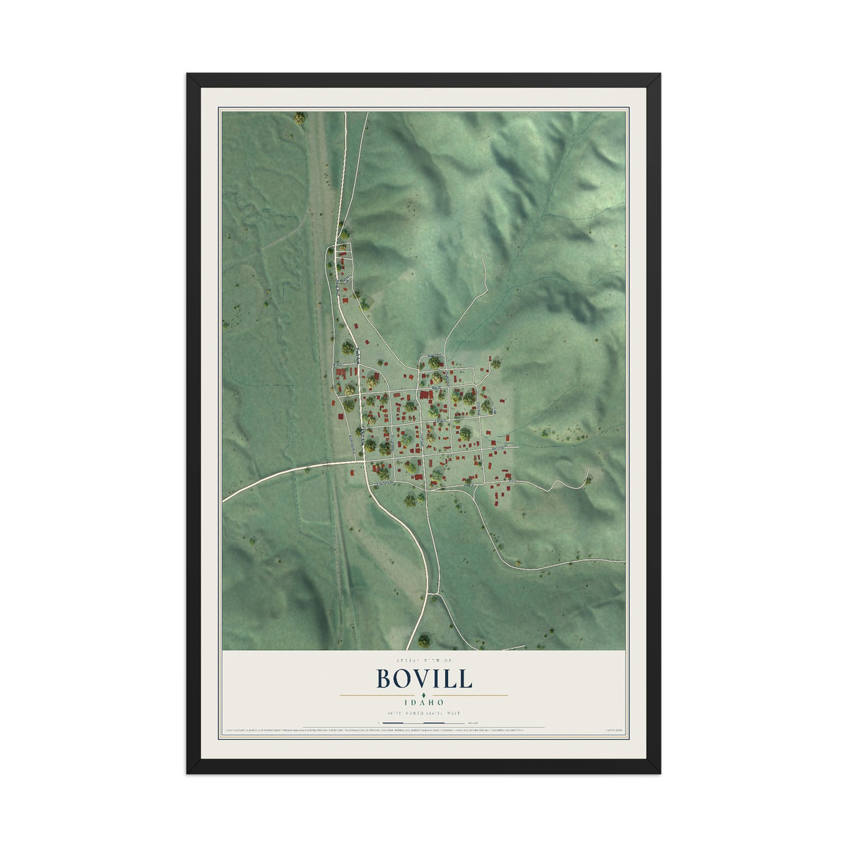 Map of Bovill, Idaho, 12 x 18 inch print in a black wood frame