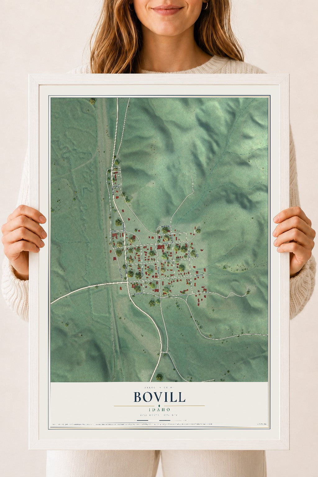 Map of Bovill, Idaho, 18 x 24 inch print in a white wood frame