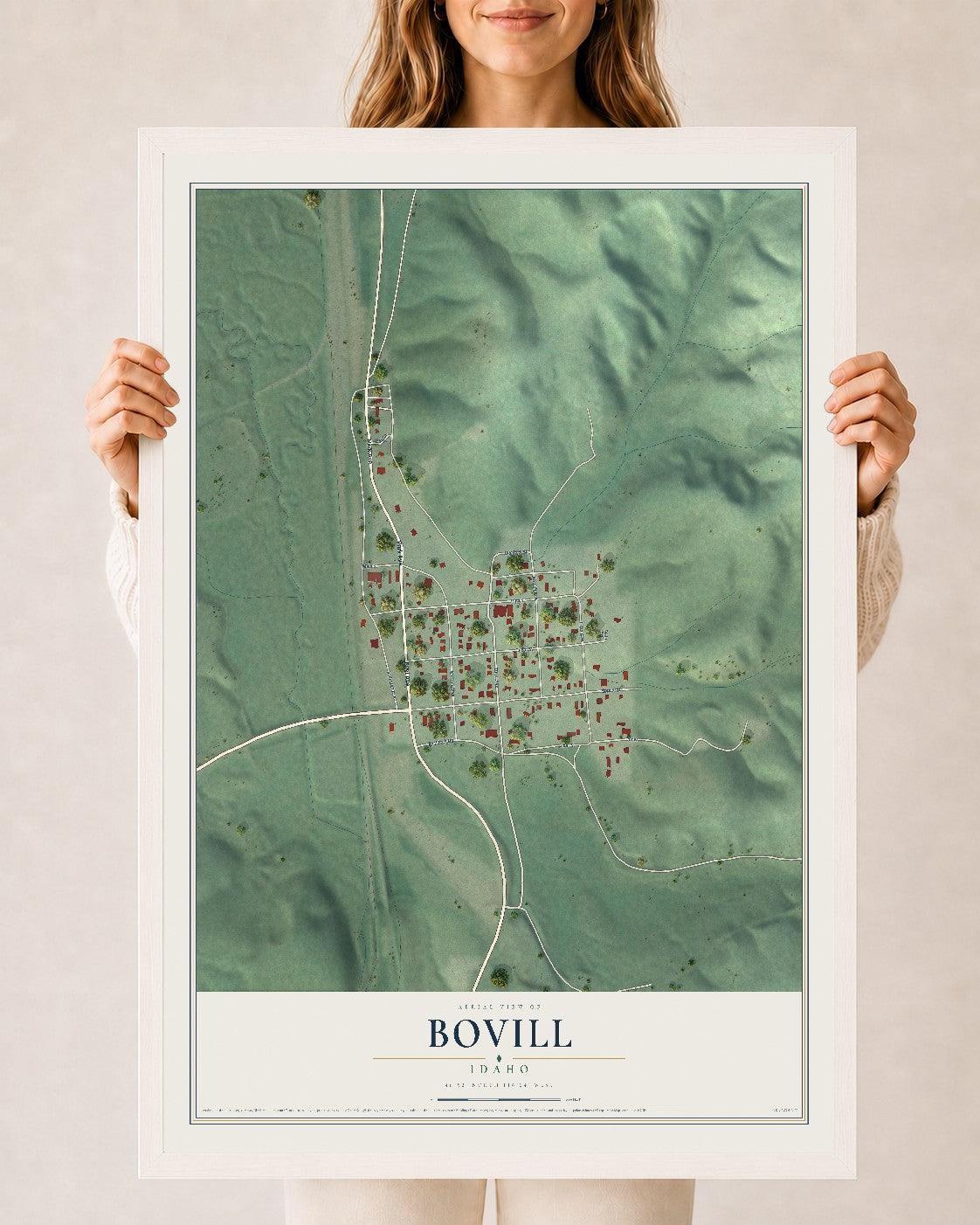Map of Bovill, Idaho, 24 x 36 inch print in a white wood frame