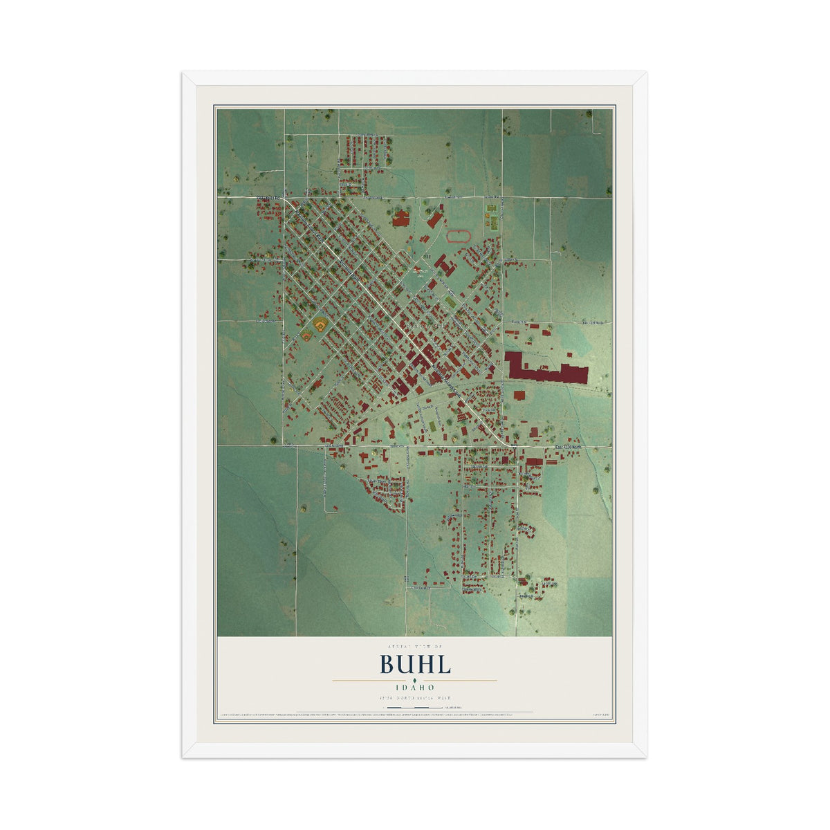 Map of Buhl, Idaho, 12 x 18 inch print in a white wood frame